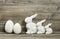 Easter bunny family and white eggs decoration