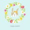 Easter bunny floral greeting card. Round wreath with leaves, tulips, peony, daisies and daffodils.