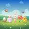Easter bunny and friends celebrate Easter and spring - egg chicken sheep flower butterfly and bee-eater bird on spring landscape b