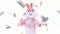 Easter bunny holds fan of dollar under rain of dollars, shows thumb finger up. Easter rabbit with dollars money on white