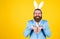 easter bunny man. happy easter. bearded man wear bunny ears. Egg hunt. spring holiday celebration. funny male hipster