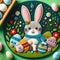 Easter bunny and painted eggs on green background. Felt art patchwork, Happy Easter