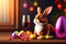 easter bunny in a party with eggs and wine glass