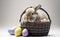 An Easter bunny rabbit within basket full of multicolor eggs, a white background, copy space, generative AI