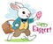 Easter bunny rabbit in jacket, vest and pants, happily running along, carrying basket full of colorful Easter eggs. Spring, Easter