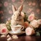 Easter Bunny Rabbit with Roses and Tea Cup.