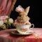 Easter Bunny Rabbit with Roses and Tea Cup.