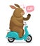 Easter Bunny riding on scooter. Cartoon vector illustration