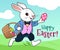 Easter bunny running in a field with basket full of colorful chocolate eggs vector cartoon illustration. Easter, spring, egg hunt