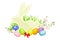 Easter Bunny Silhouette with Paschal Eggs Rested in Green Grass with Spring Flowers and Bow Vector Arrangement
