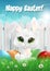 Easter bunny siting on a grass among Easter eggs, white wooden fence