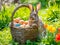 The Easter bunny sits next to a vibrant assortment of eggs and a bouquet of tulips