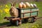 An Easter bunny sits on a wagon full of Easter eggs.