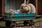 An Easter bunny sits on a wagon full of Easter eggs.