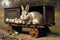 An Easter bunny sits in a wagon full of Easter eggs.