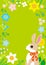 Easter bunny and spring wildflowers round frame background, green color - copy space layout design
