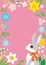 Easter bunny and spring wildflowers round frame background, pink color - copy space layout design