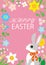 Easter bunny and spring wildflowers round frame background, pink color - Including greeting words â€œHAPPY EASTER