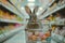 Easter bunny standing with shopping cart of Easter eggs in supermarket