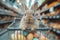 Easter bunny standing with shopping cart of Easter eggs in supermarket