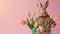 Easter bunny in stylish jacket carrying shopping cart with Easter eggs and tulips ,pink background with copy space
