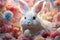 Easter bunny surrounded by pastelcolored flowers