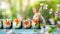 Easter bunny with sushi, green nature background with flowers, copy space