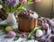 Easter cake dipped in chocolate surrounded by Easter eggs