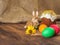 Easter cake and easter colored egg with dry flower. Russian and Ukrainian, orthodox, slavic traditional Easter kulich on