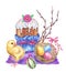 Easter cake, eggs in the basket, chicken, willow branches.