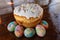 Easter cake with multicolored Easter eggs. Bright packaging. Preparations for Easter. Festive cakes with white glaze