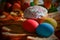 Easter cake, pastries, colorful eggs