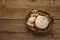 Easter cake, rabbits and eggs in wicker basket. Traditional Orthodox festive bread