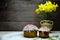 Easter cakes, and Easter eggs, a bouquet of yellow daffodils