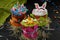 Easter cakes in shape of unicorn, chicken and rabbit