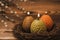 Easter candle eggs and willow branches on textural background.