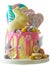 Easter candy land drip cake decorated with lollipops and white bunny.