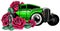 Easter car. Retro automobile driving a bouquet of tulips. Hand drawn vector illustration.