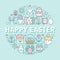 Easter card circle template with flat line icons. Colored eggs, basket, egg hunt, rabbit, spring flowers, cake round