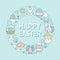Easter card circle template with flat line icons. Colored eggs, basket, egg hunt, rabbit, spring flowers, cake round