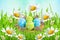 Easter card. Painted Easter eggs with feathers in the nest on green grass with flowers daisies on blue blurred background