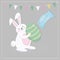 Easter card with a rabbit. Cute bunny prepares holiday gifts in the form of colored eggs. Colorful eggshells. Symbols of the Great