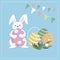 Easter card with a rabbit Cute bunny prepares holiday gifts in the form of colored eggs. Colorful eggshells. Symbols of the Great