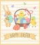 Easter card with rabbit, funny chickens and basket with eggs