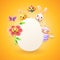 Easter card template - Easter bunny, chicken, flower, sheep bee-eater bird and butterfly celebrate Easter around egg - isolated on