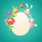 Easter card template - Easter bunny, chicken, flower, sheep bee-eater bird and butterfly celebrate Easter around egg - turqouise b
