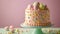 Easter celebration cake with pastel eggs on top, surrounded by a soft-hued setting with blossoming branches