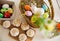 Easter celebration, close-up table with glazed cupcakes,