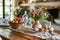 Easter celebration table with eggs. Rustic style. Home interior with festive decor