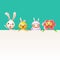 Easter characters bunny chicken sheep and flower on top of billboard - isolated on turqouise background